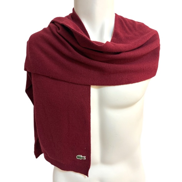 🇫🇷 Lacoste Wool Blend Scarf – Deep Red with Crocodile Logo - Picture 1 of 9